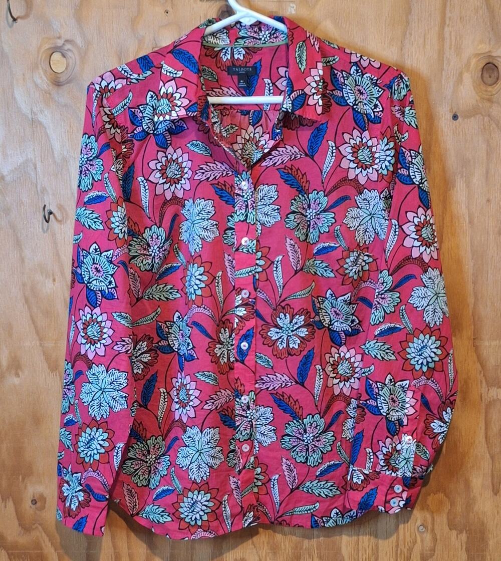 Talbots Shirt Women's Medium Petite Tropical Floral Colorful Coconut Girl Beachy